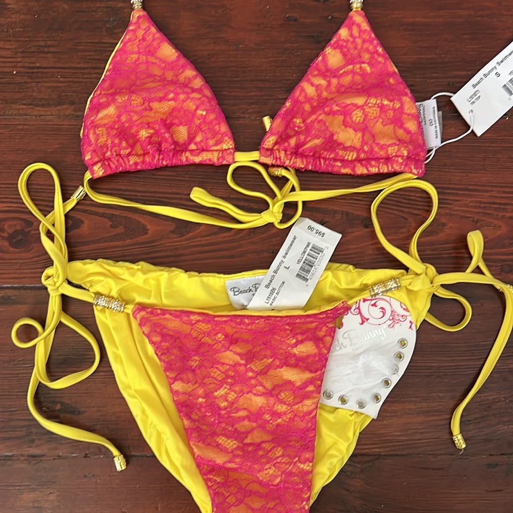 Beach Bunny Yellow & Pink Lace Bikini with Gold and Crystal Beading - Picture 2 of 9